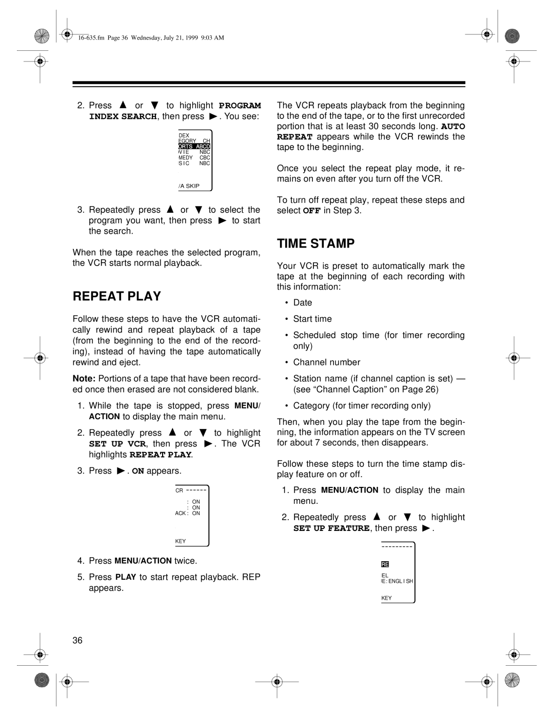 Radio Shack 66 owner manual Repeat Play, Time Stamp, fm Page 36 Wednesday, July 21, 1999 903 AM 