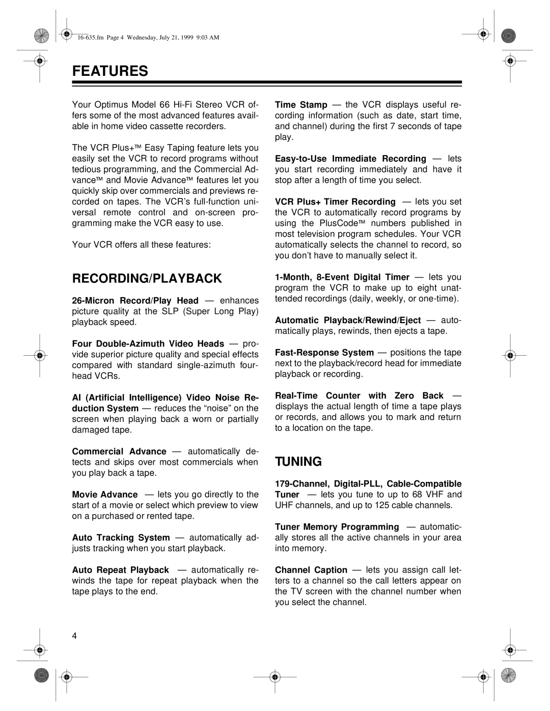 Radio Shack 66 owner manual Features, Recording/Playback, Tuning 