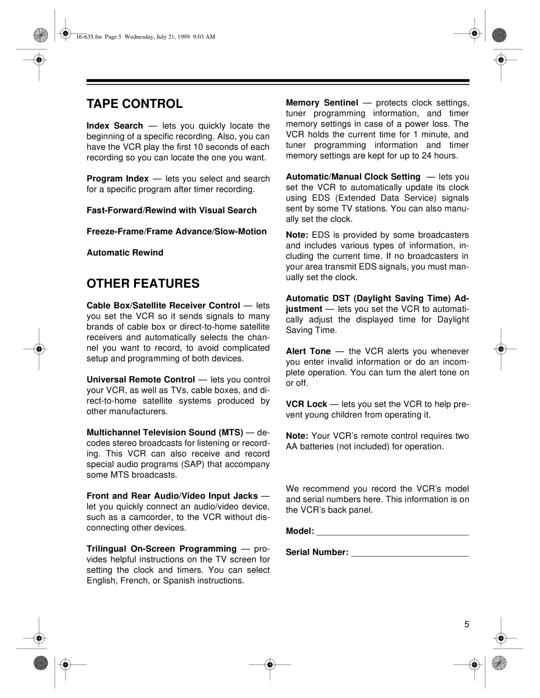 Radio Shack 66 owner manual Tape Control, Other Features 