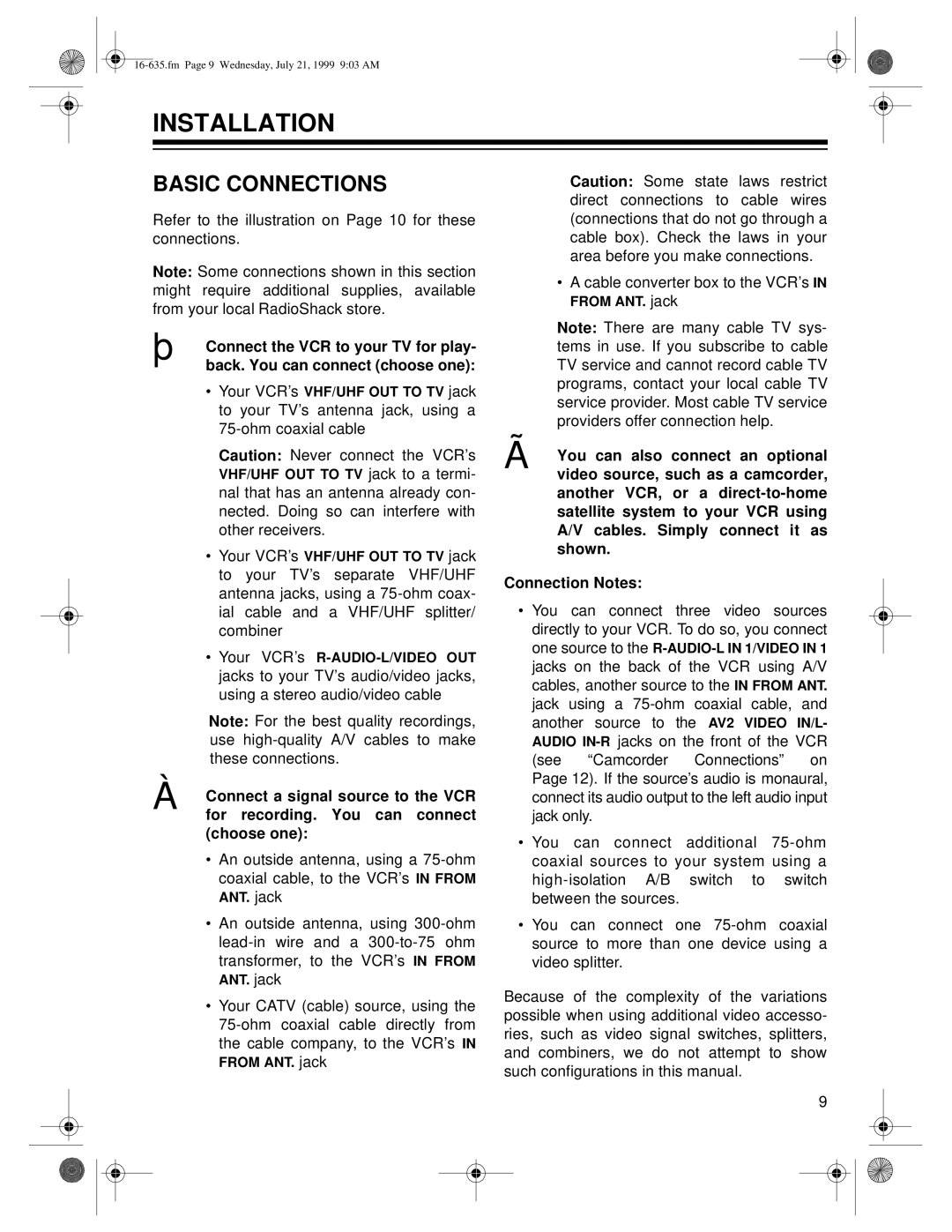 Radio Shack 66 owner manual Installation, Basic Connections 