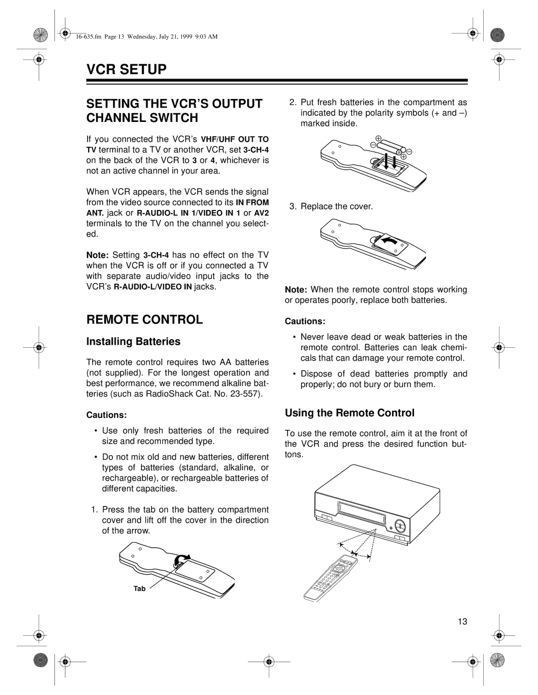 Radio Shack 66 owner manual VCR Setup, Setting the VCR’S Output Channel Switch, Remote Control, Installing Batteries 