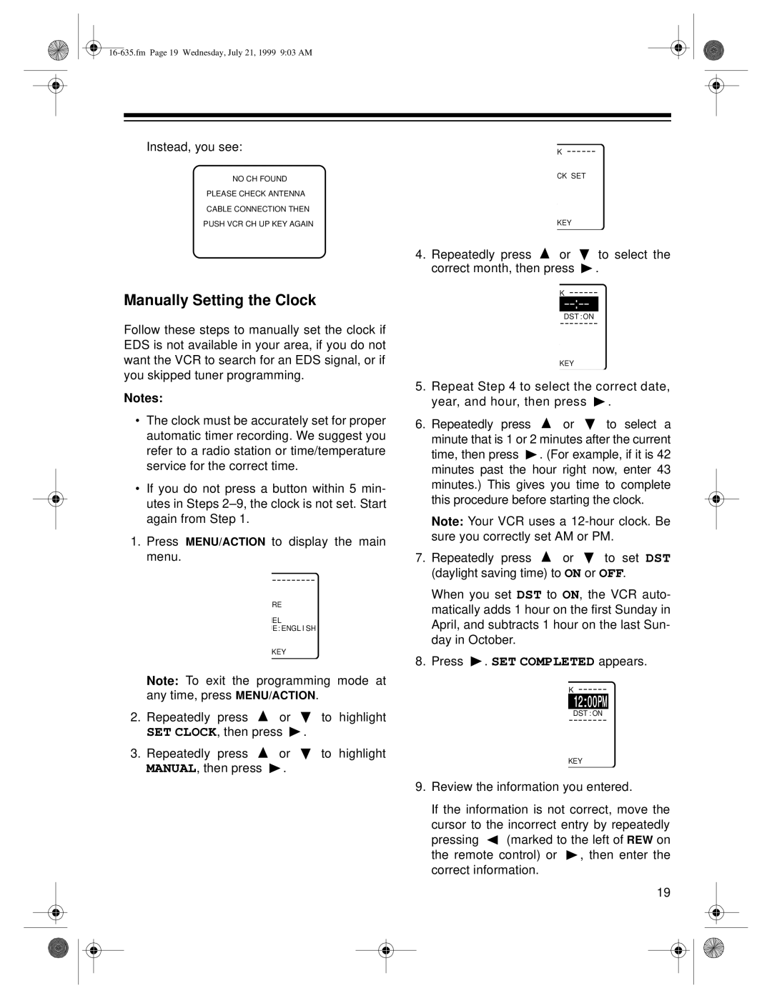 Radio Shack 66 owner manual Manually Setting the Clock, 1200PM 