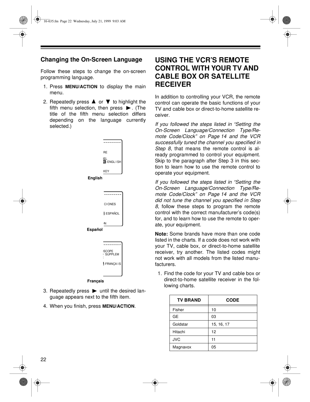 Radio Shack 66 owner manual Changing the On-Screen Language 