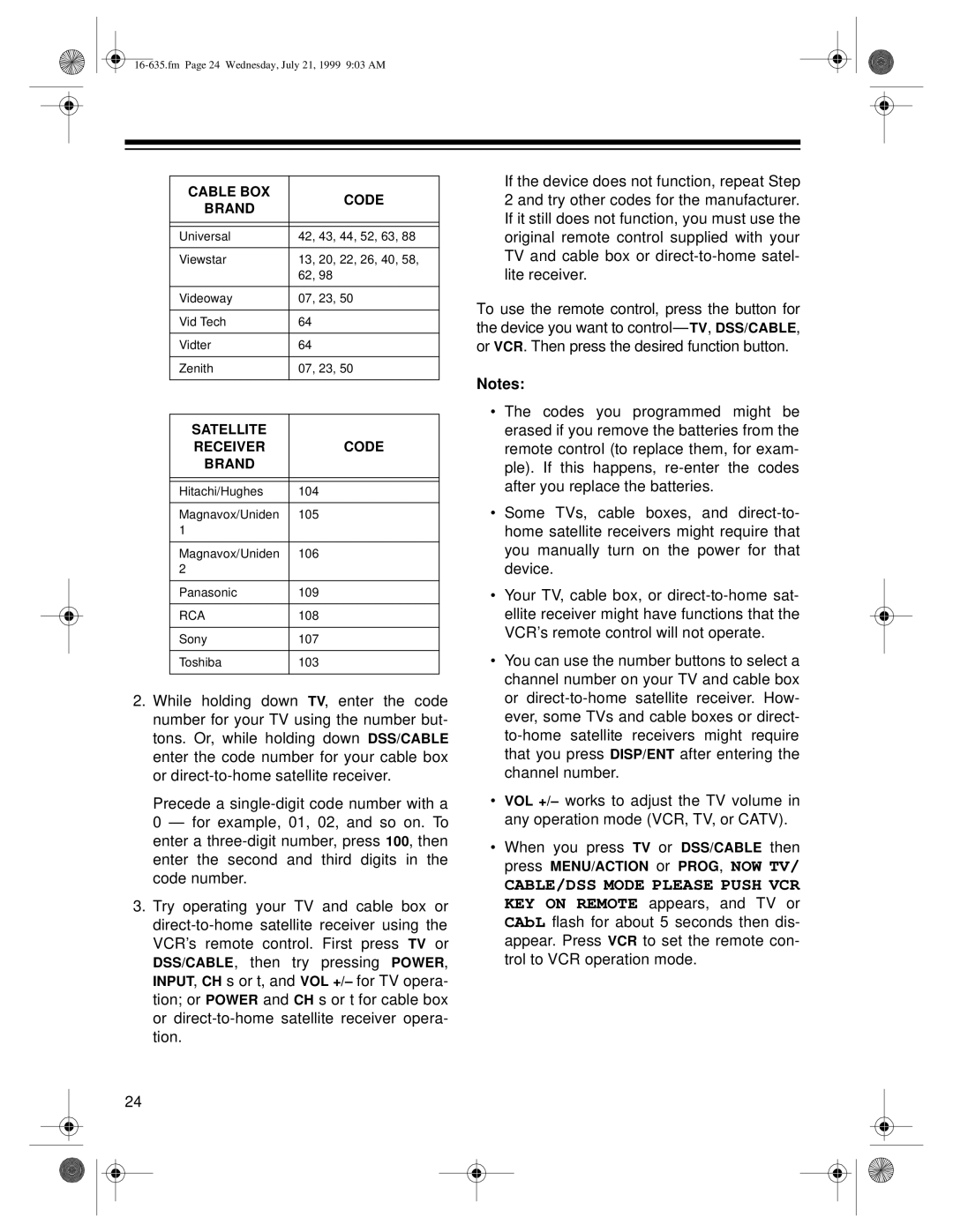 Radio Shack 66 owner manual Hitachi/Hughes 104 Magnavox/Uniden 105 106 Panasonic 109 