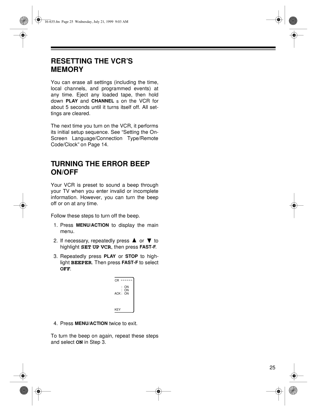 Radio Shack 66 owner manual Resetting the VCR’S Memory, Turning the Error Beep ON/OFF 