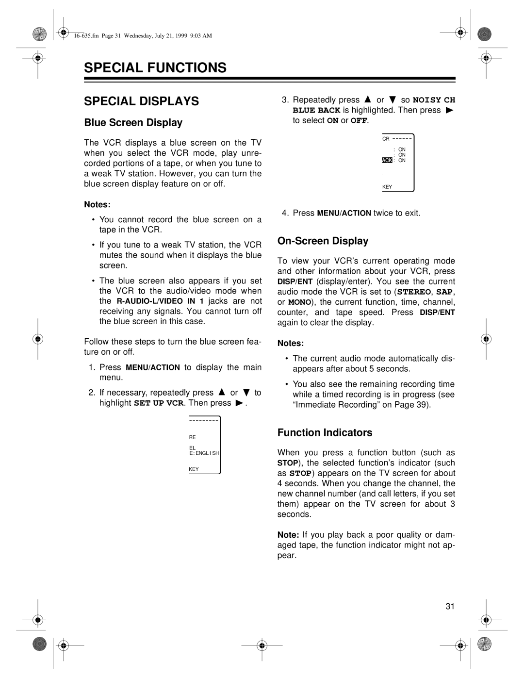 Radio Shack 66 Special Functions, Special Displays, Blue Screen Display, On-Screen Display, Function Indicators 