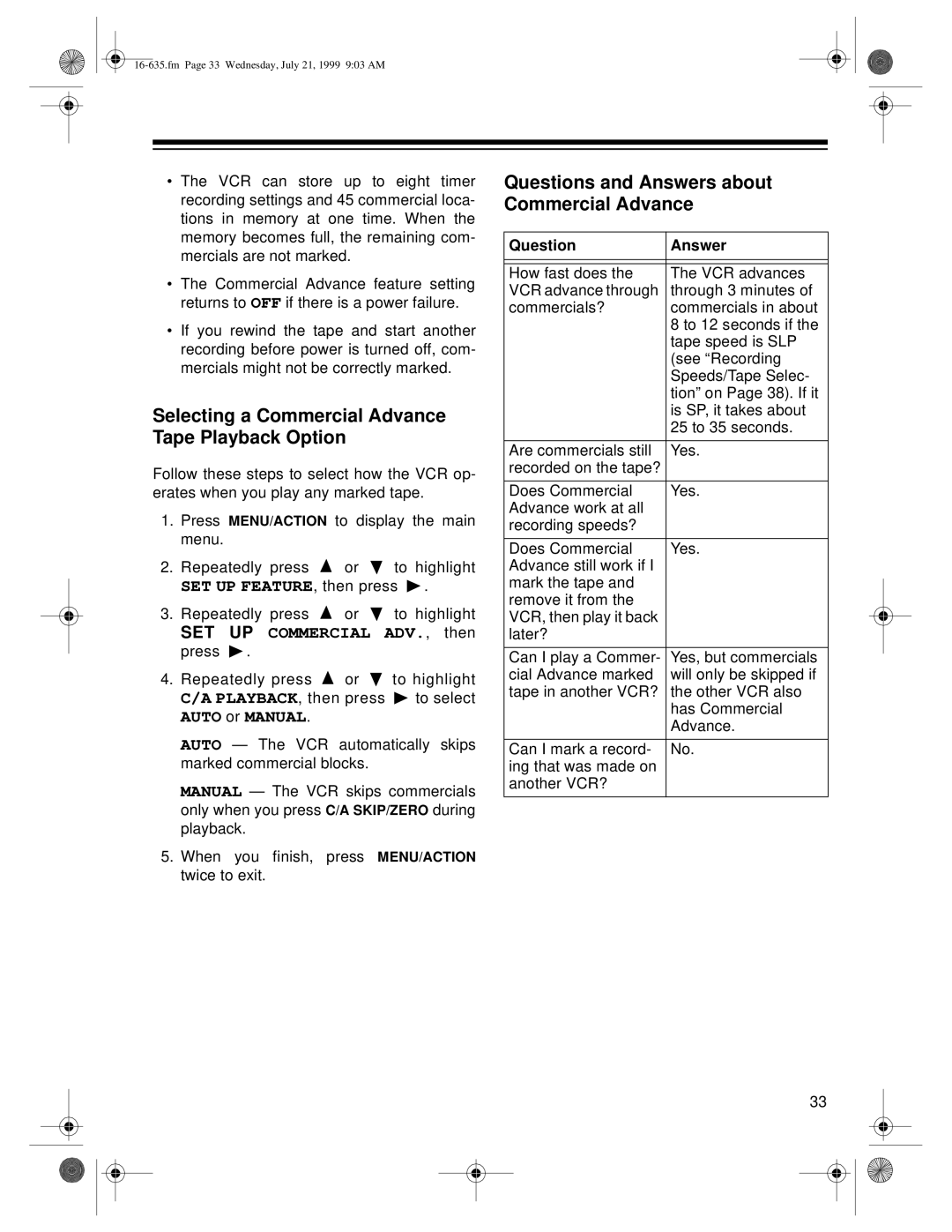 Radio Shack 66 Selecting a Commercial Advance Tape Playback Option, Questions and Answers about Commercial Advance 