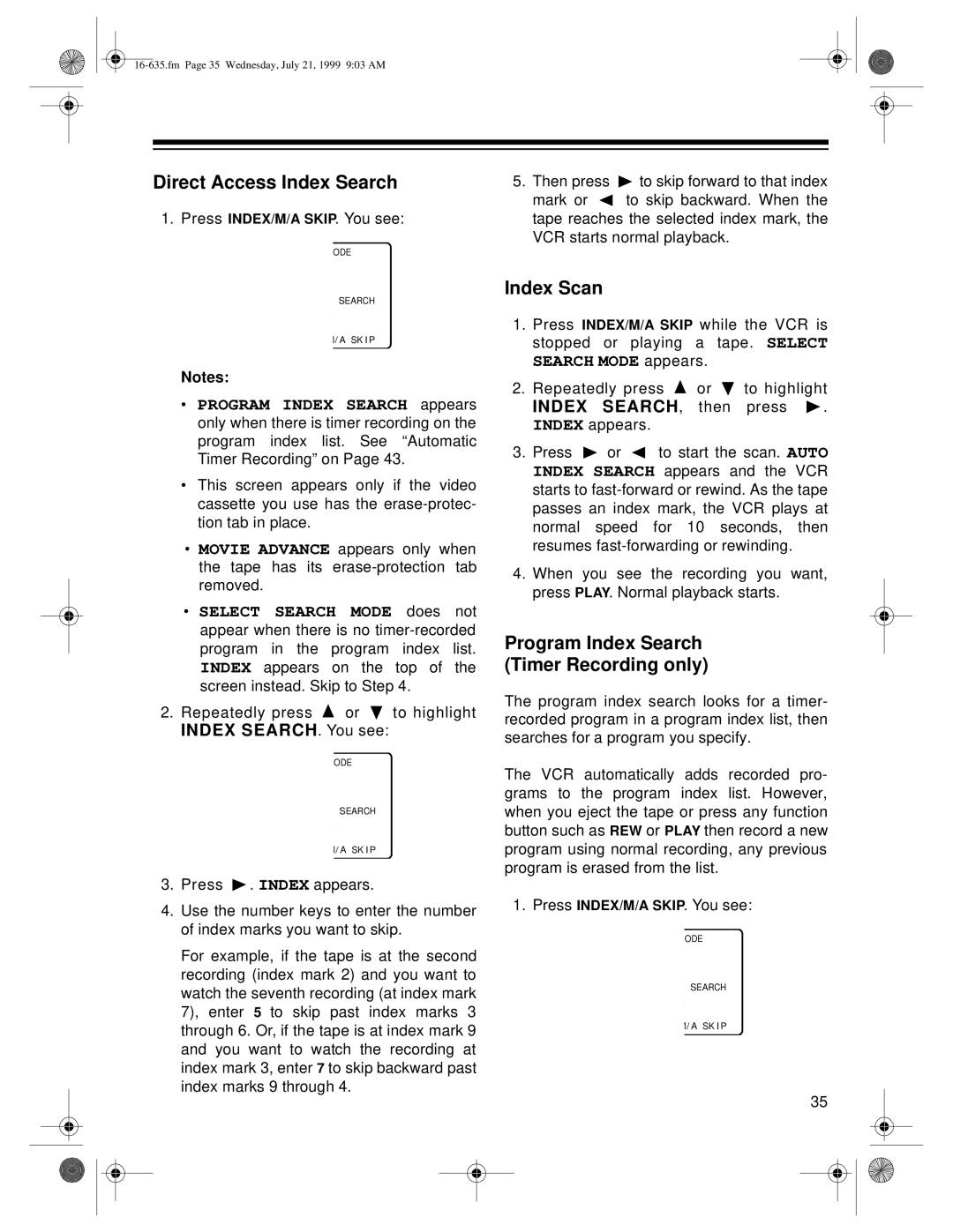 Radio Shack 66 owner manual Direct Access Index Search, Index Scan, Program Index Search Timer Recording only 