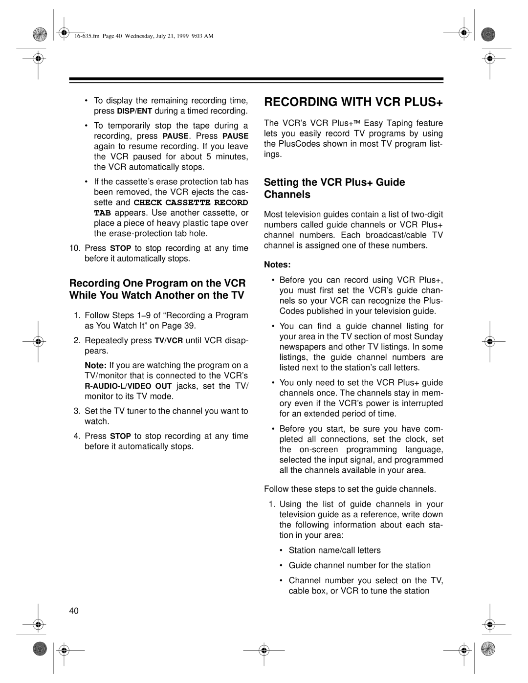 Radio Shack 66 owner manual Recording with VCR PLUS+, Setting the VCR Plus+ Guide Channels 