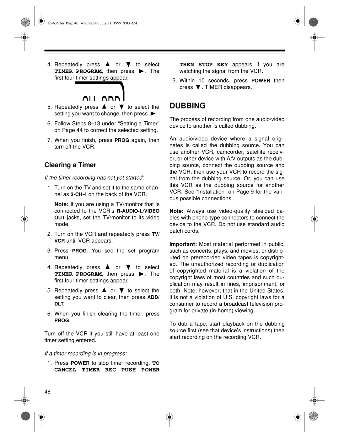 Radio Shack 66 owner manual Dubbing, Clearing a Timer 