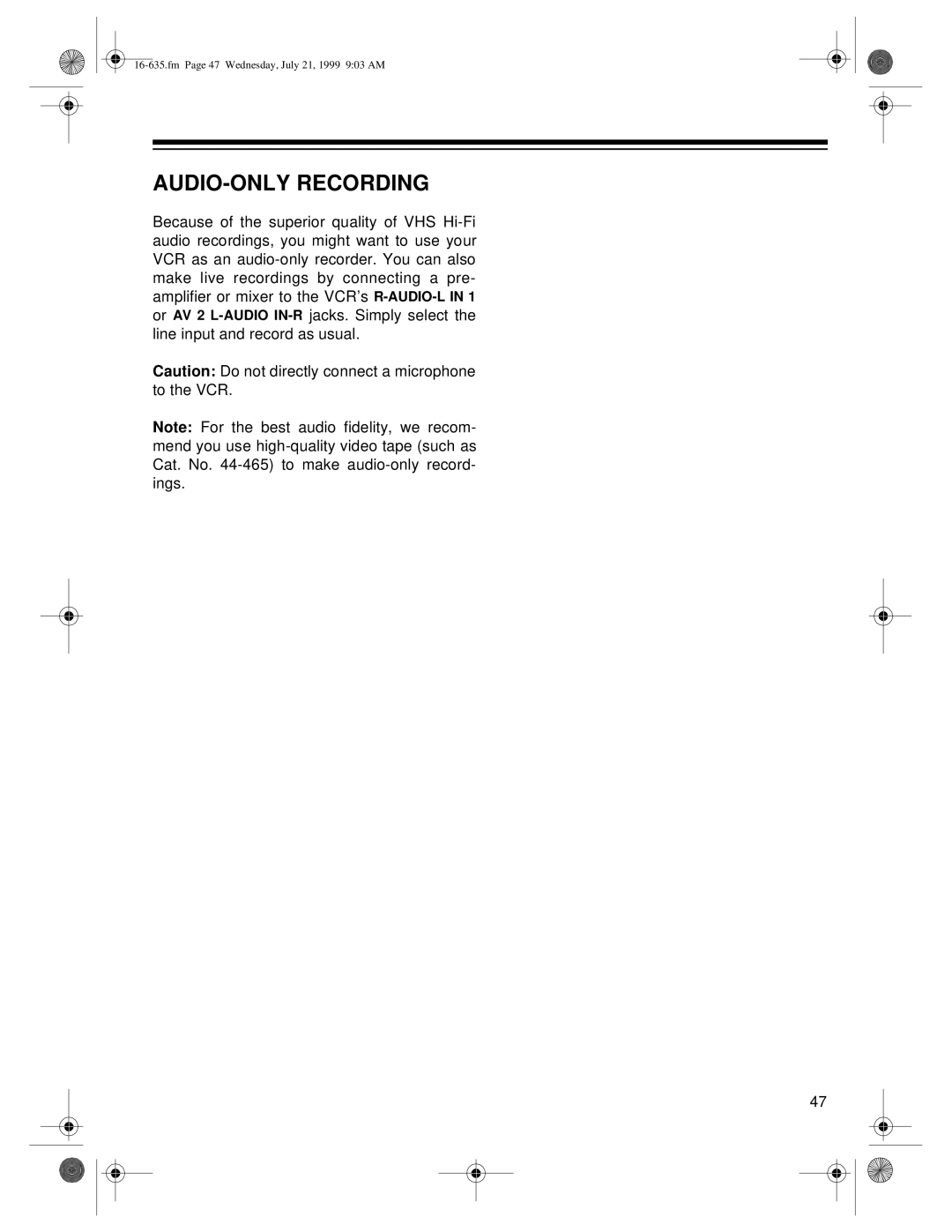 Radio Shack 66 owner manual AUDIO-ONLY Recording 