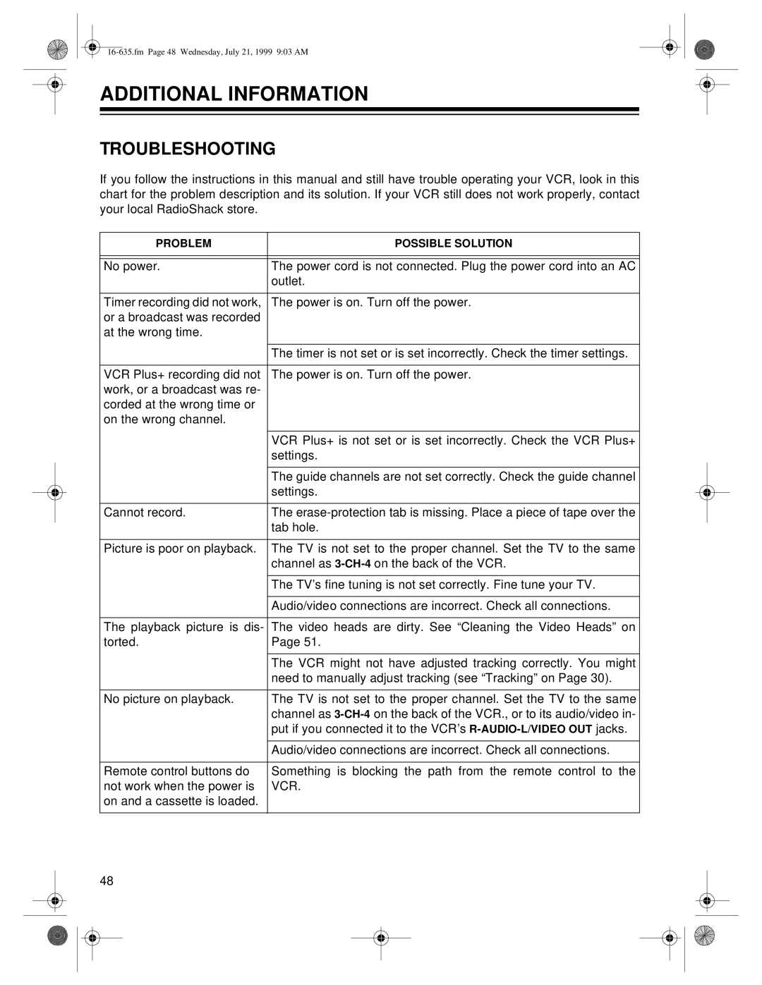 Radio Shack 66 owner manual Additional Information, Troubleshooting 