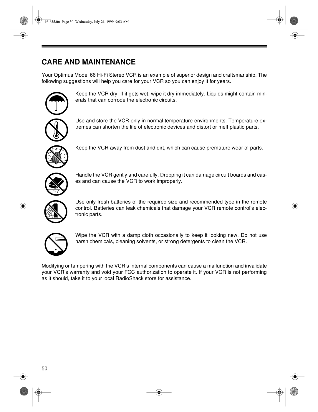 Radio Shack 66 owner manual Care and Maintenance 