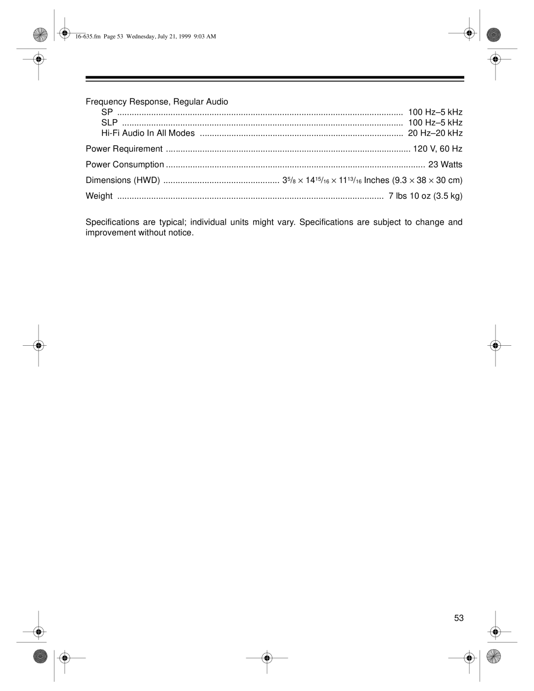 Radio Shack 66 owner manual Frequency Response, Regular Audio Hz-5 kHz 