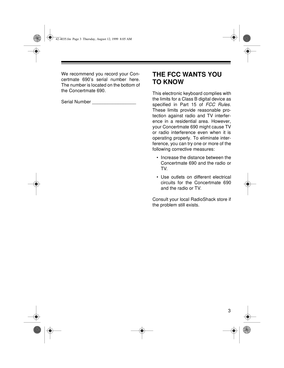 Radio Shack 42-4035, 690 owner manual FCC Wants YOU to Know 