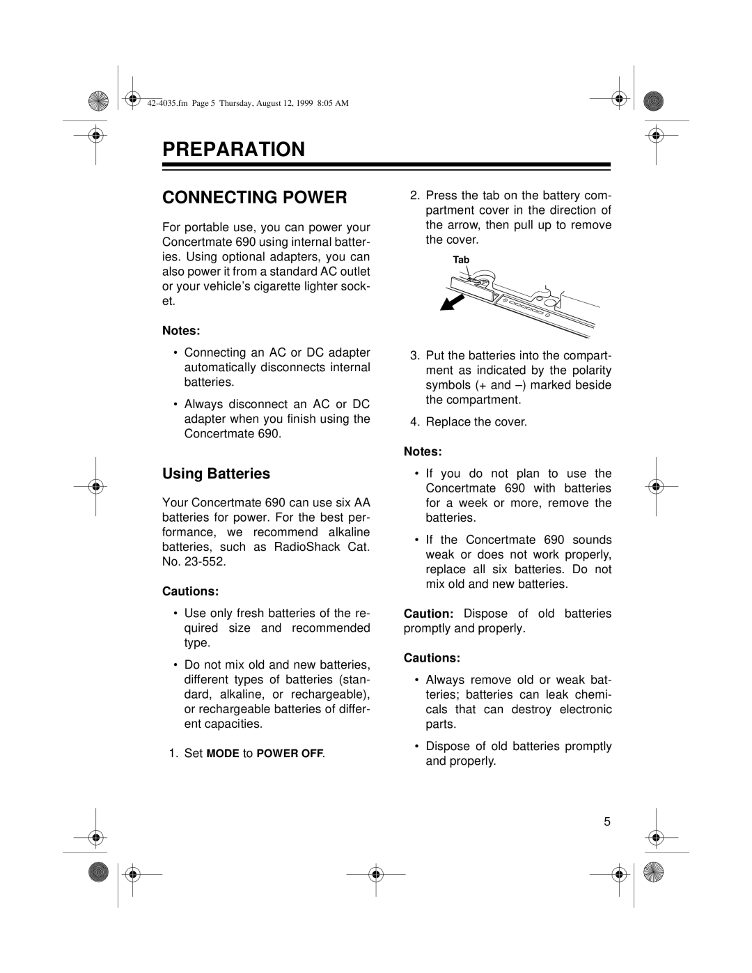 Radio Shack 42-4035, 690 owner manual Preparation, Connecting Power, Using Batteries 