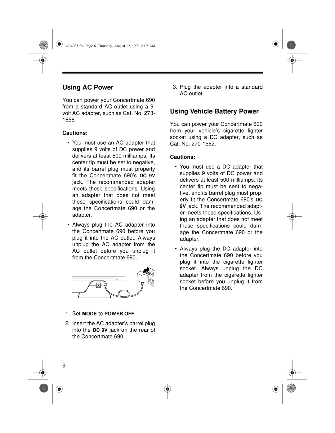 Radio Shack 690, 42-4035 owner manual Using AC Power, Using Vehicle Battery Power 