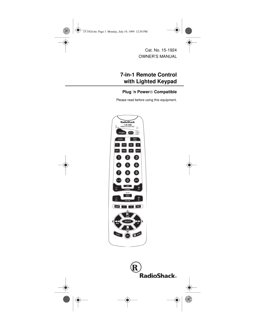 Radio Shack 7-in-1 Remote Control with Lighted Keypad owner manual In-1 Remote Control with Lighted Keypad 