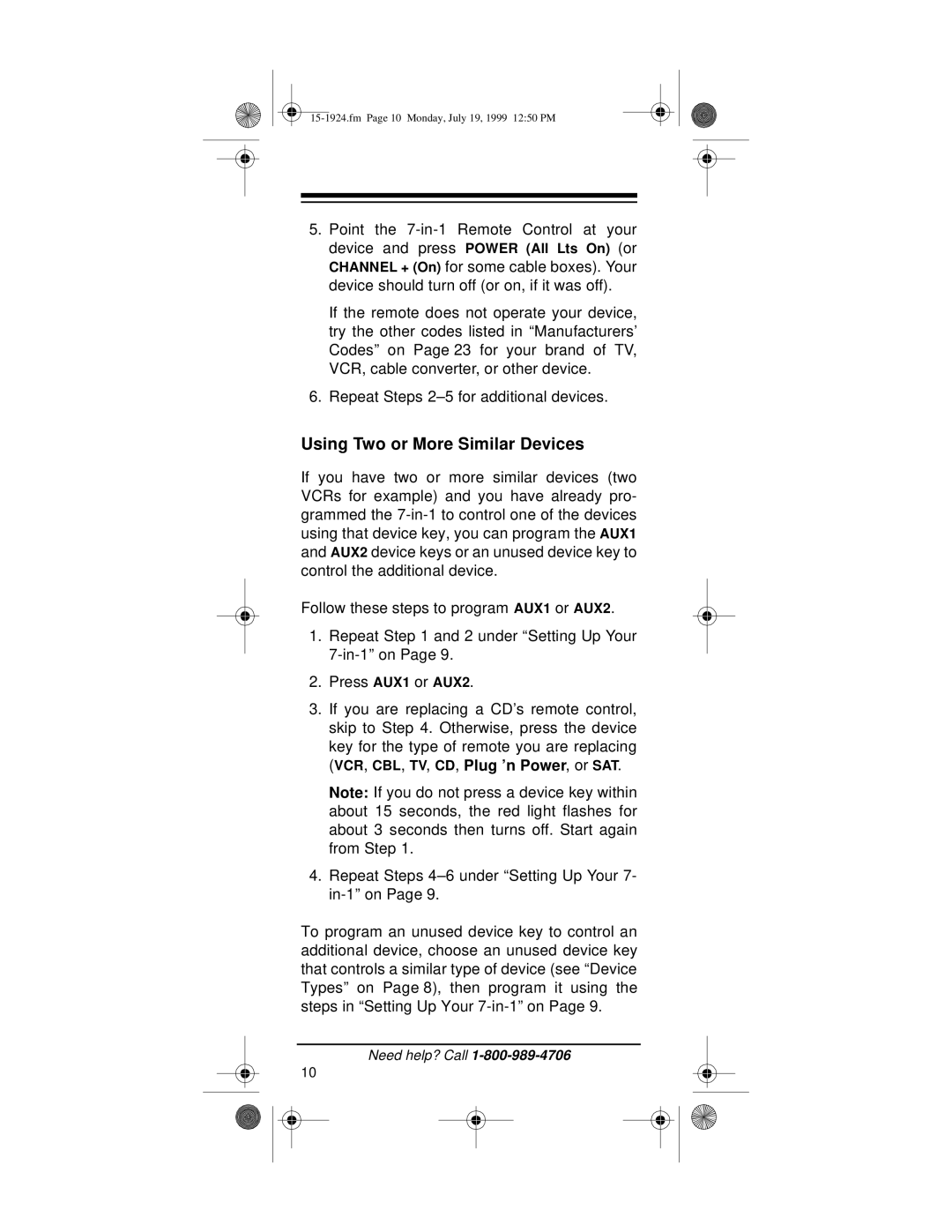 Radio Shack 7-in-1 Remote Control with Lighted Keypad owner manual Using Two or More Similar Devices 