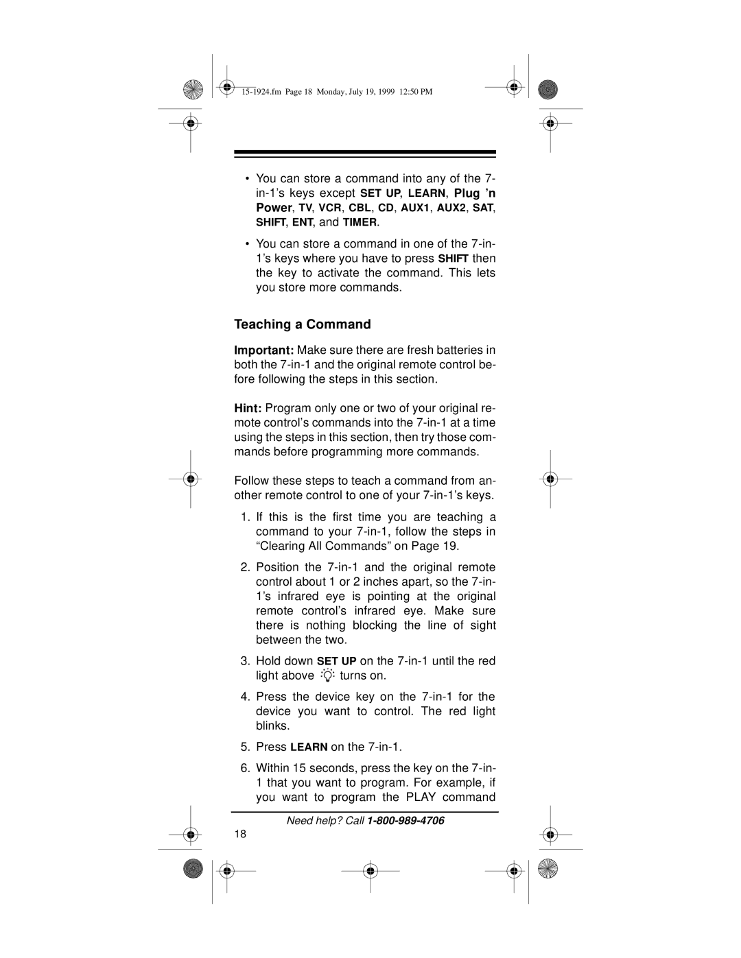 Radio Shack 7-in-1 Remote Control with Lighted Keypad owner manual Teaching a Command 