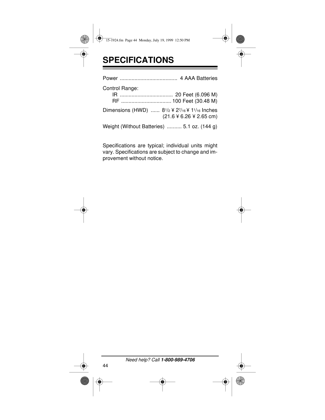 Radio Shack 7-in-1 Remote Control with Lighted Keypad owner manual Specifications 