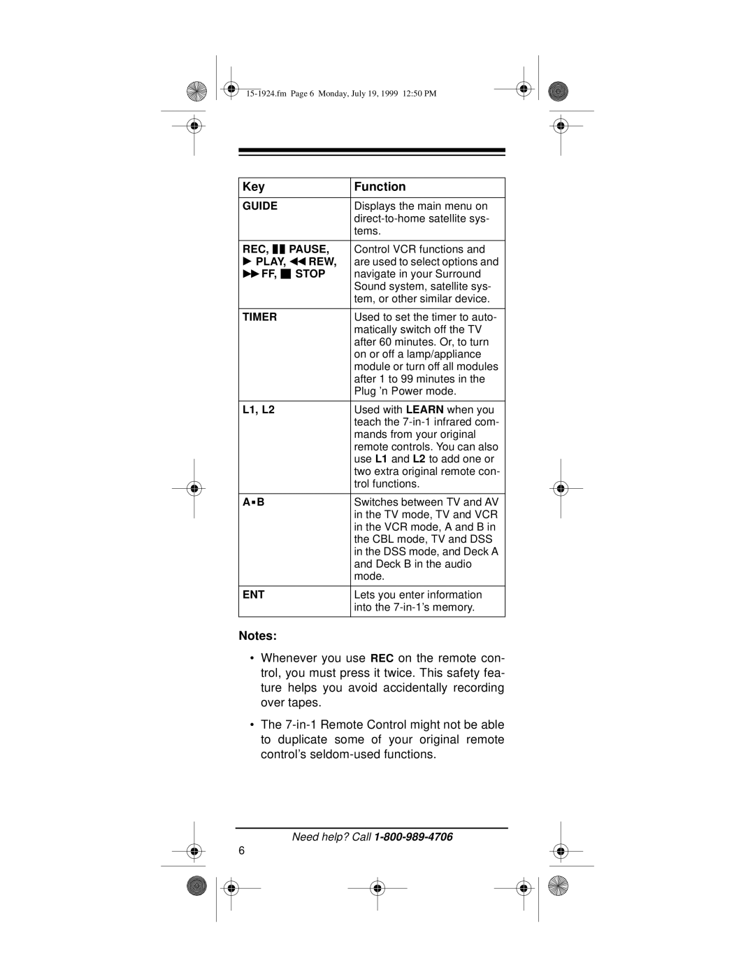 Radio Shack 7-in-1 Remote Control with Lighted Keypad owner manual Guide, REC Pause, Play REW, Stop, Timer, Ent 