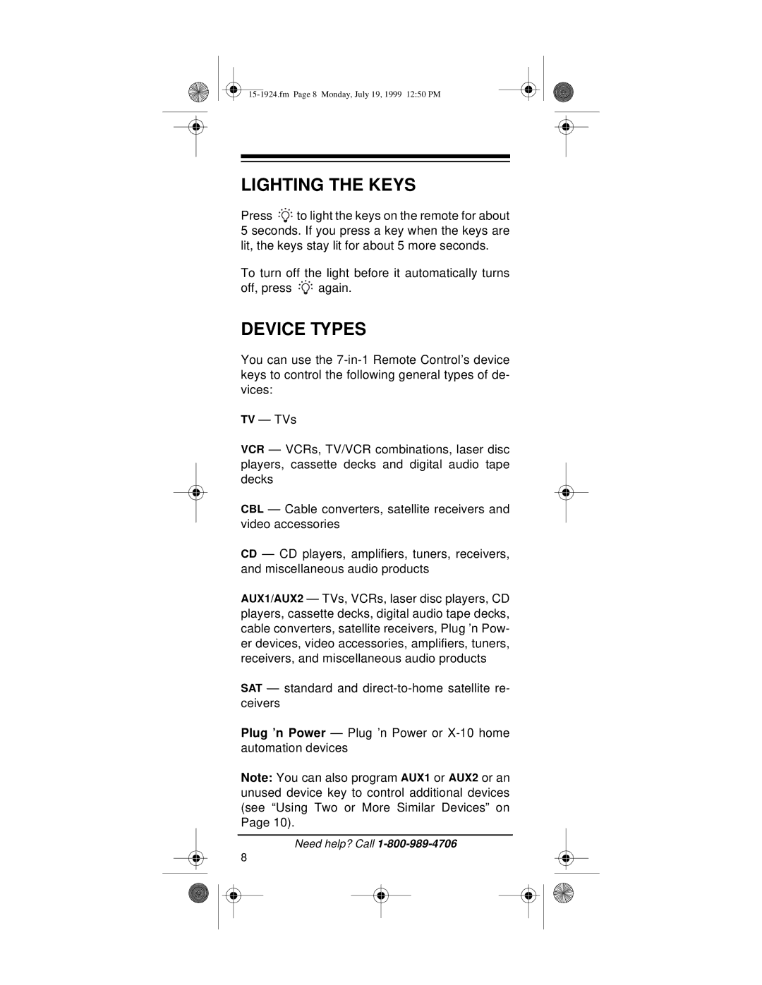 Radio Shack 7-in-1 Remote Control with Lighted Keypad owner manual Lighting the Keys, Device Types 