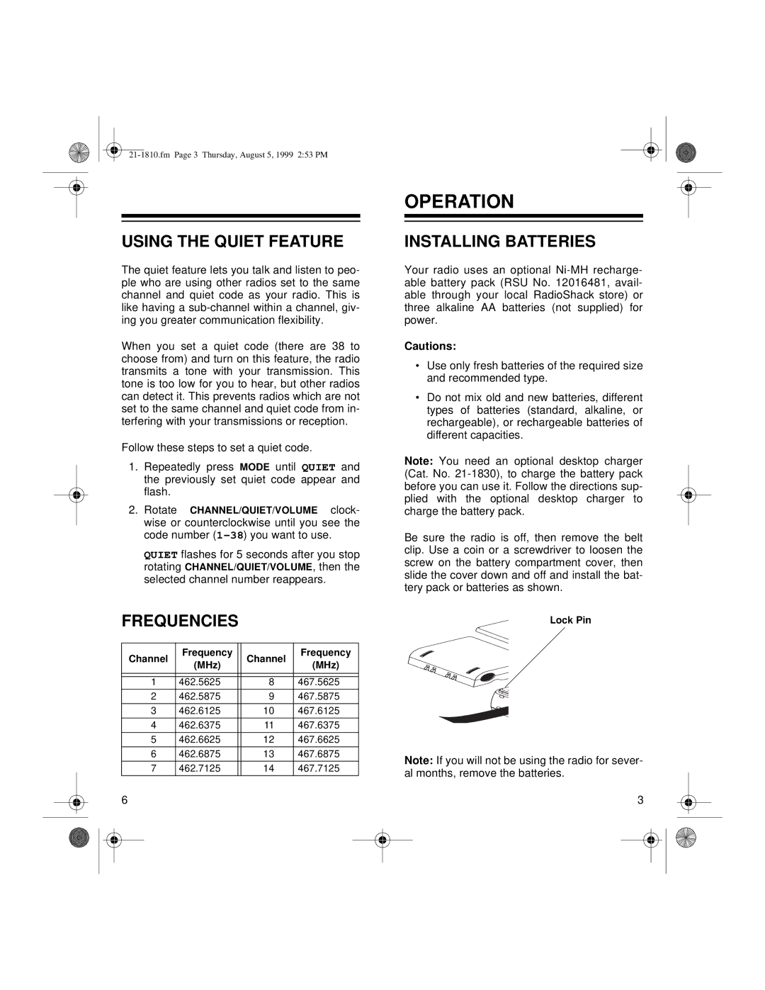 Radio Shack 811081530A owner manual Operation, Using the Quiet Feature, Frequencies, Installing Batteries 