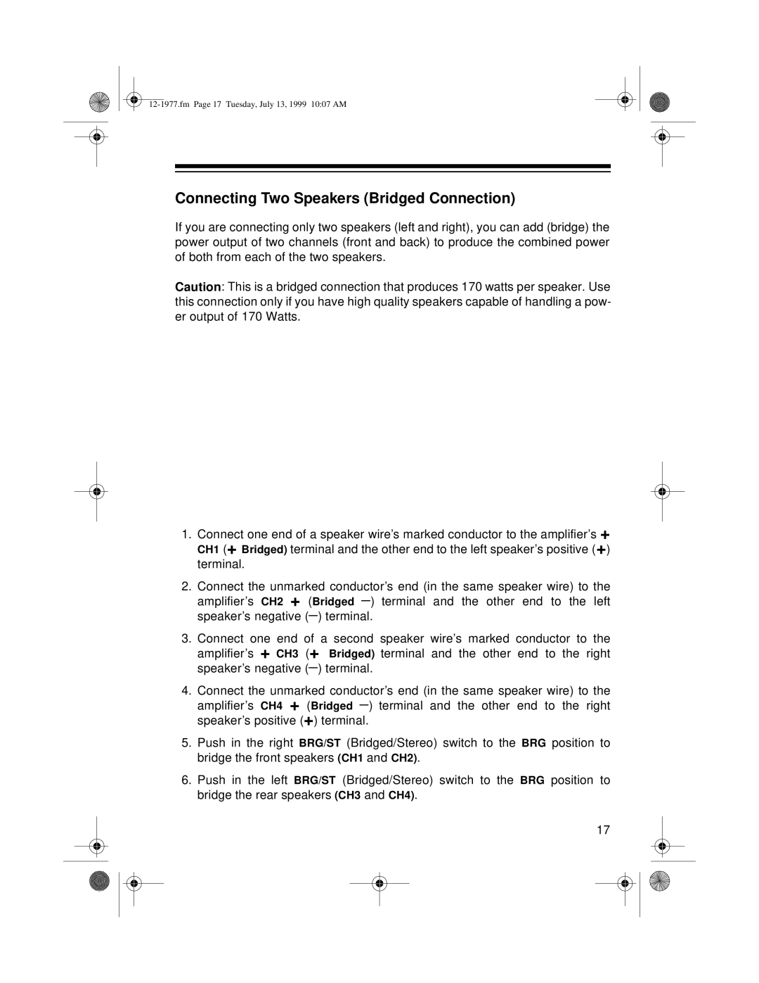 Radio Shack 85 owner manual Connecting Two Speakers Bridged Connection 