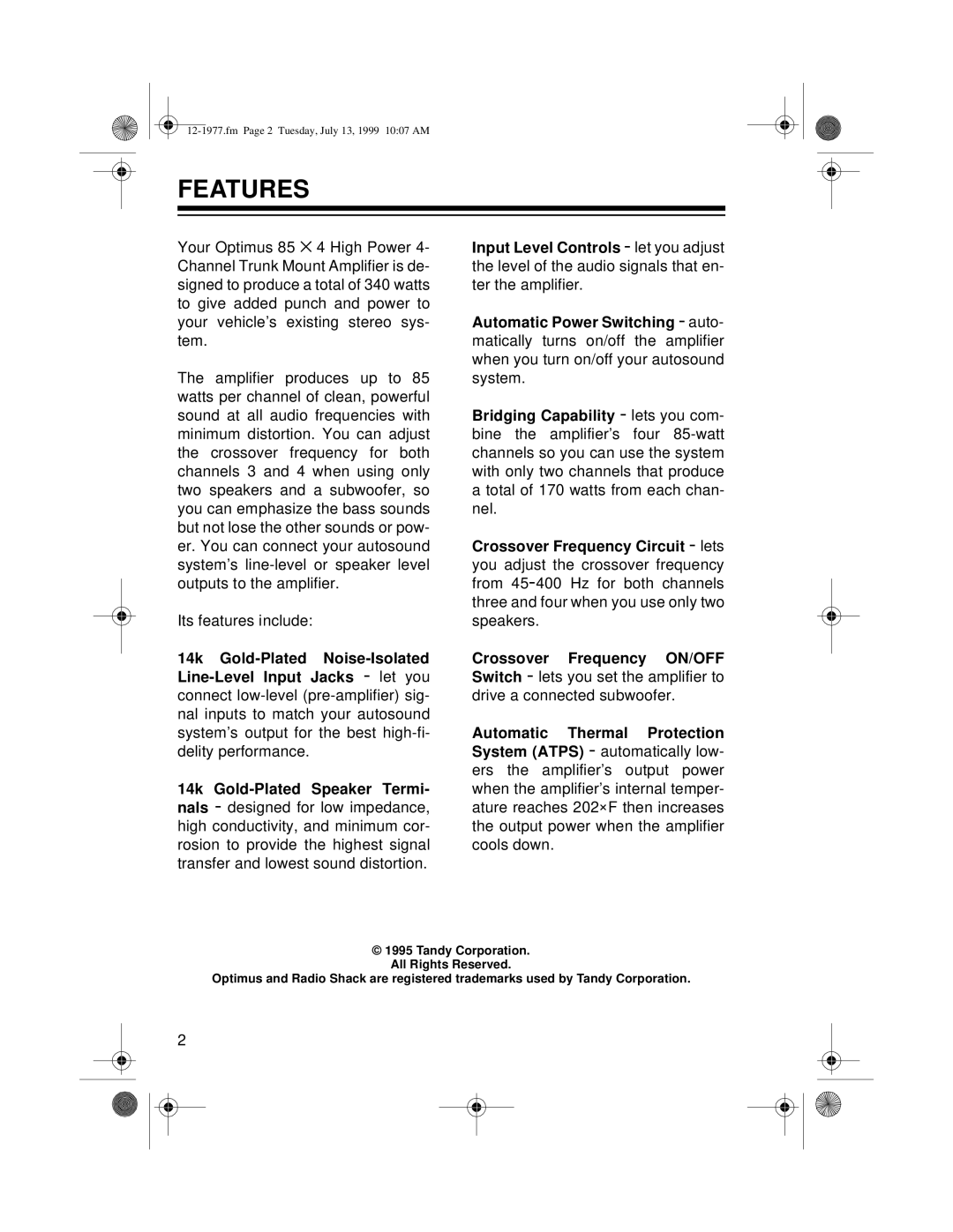 Radio Shack 85 owner manual Features, Automatic Thermal Protection 