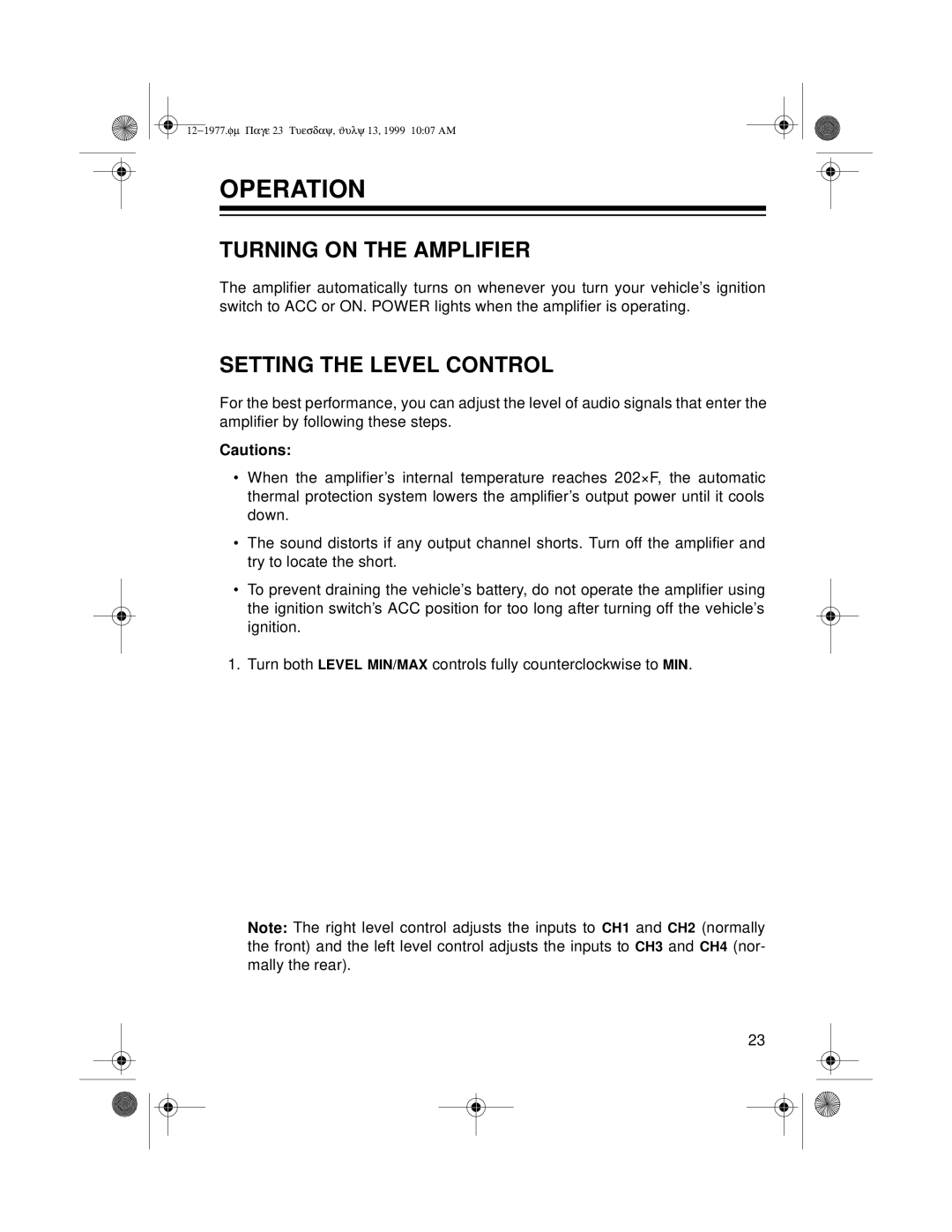 Radio Shack 85 owner manual Operation, Turning on the Amplifier, Setting the Level Control 