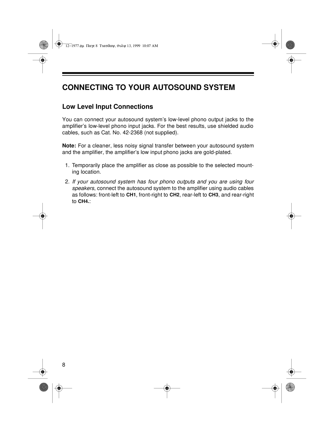 Radio Shack 85 owner manual Connecting to Your Autosound System, Low Level Input Connections 