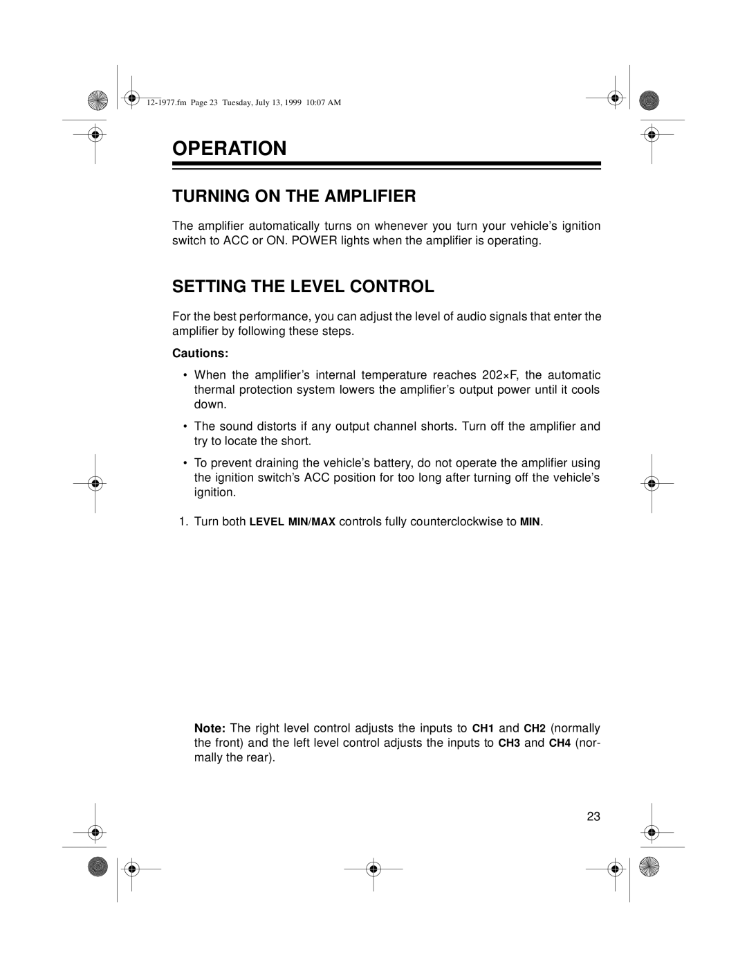 Radio Shack 85 owner manual Operation, Turning On The Amplifier, Setting The Level Control, Cautions 