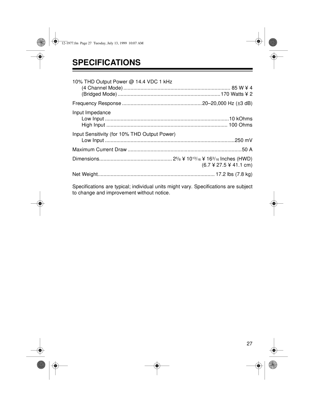Radio Shack 85 owner manual Specifications 