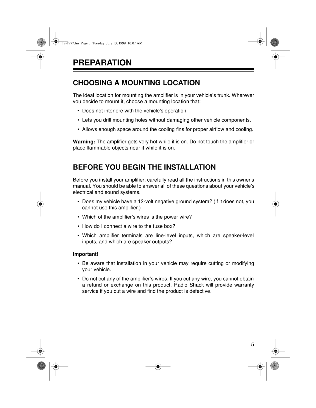 Radio Shack 85 owner manual Preparation, Choosing A Mounting Location, Before You Begin The Installation 