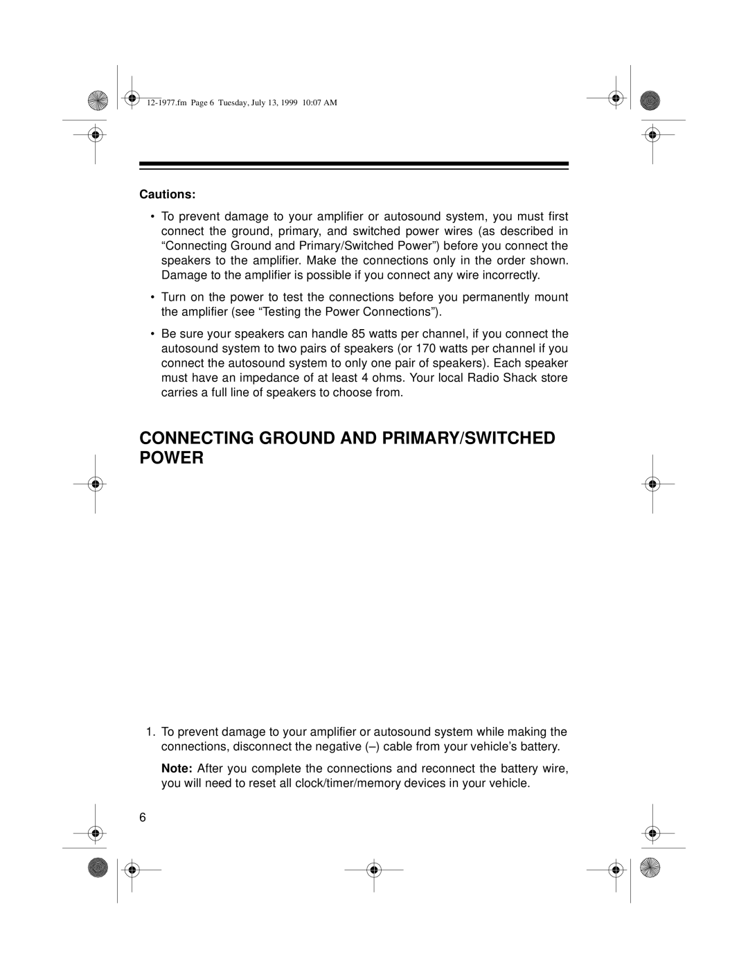 Radio Shack 85 owner manual Connecting Ground And Primary/Switched Power, Cautions 