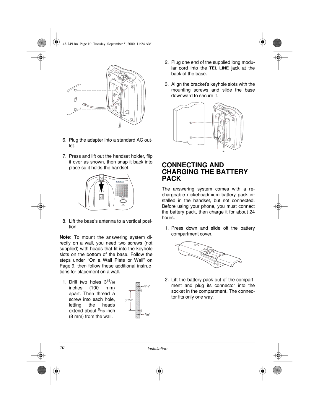 Radio Shack 900 MHz owner manual Connecting and Charging the Battery Pack 