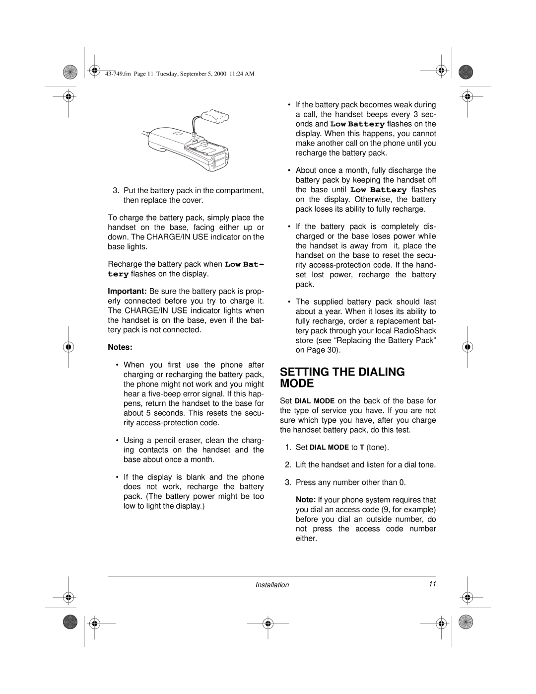 Radio Shack 900 MHz owner manual Setting the Dialing Mode 