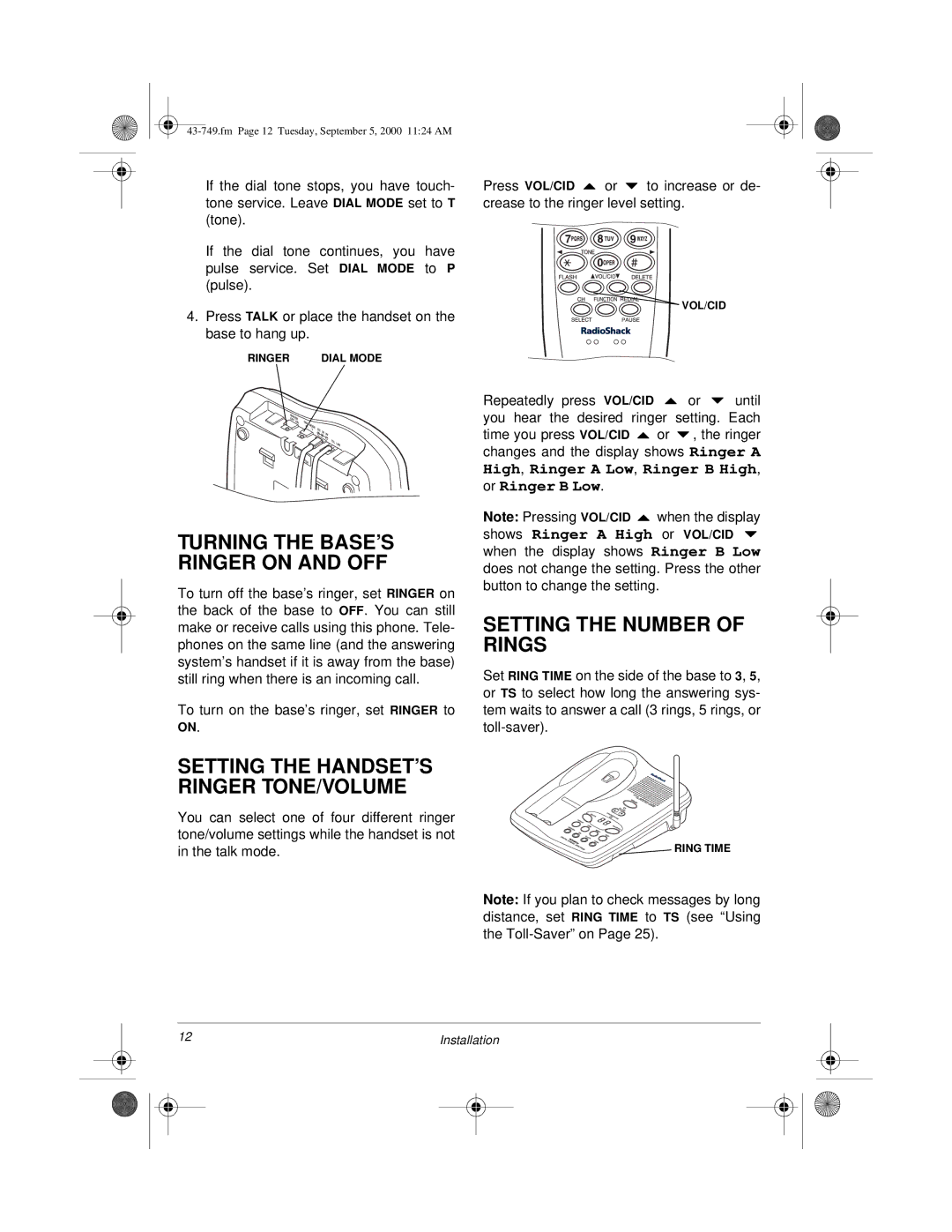 Radio Shack 900 MHz owner manual Turning the BASE’S Ringer on and OFF, Setting the Number of Rings 