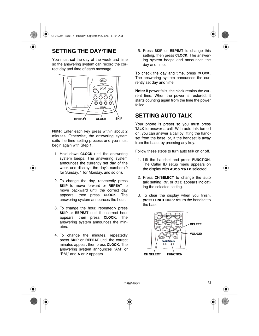 Radio Shack 900 MHz owner manual Setting the DAY/TIME, Setting Auto Talk 