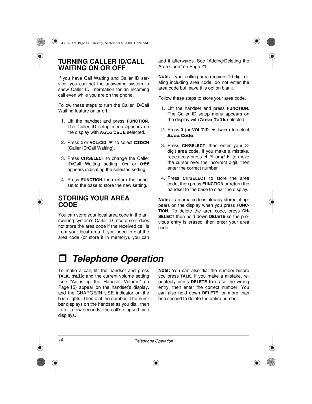 Radio Shack 900 MHz owner manual Telephone Operation, Turning Caller ID/CALL Waiting on or OFF, Storing Your Area Code 