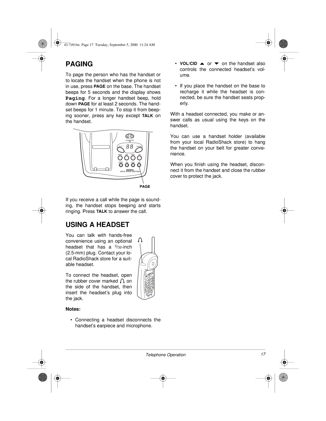 Radio Shack 900 MHz owner manual Paging, Using a Headset 