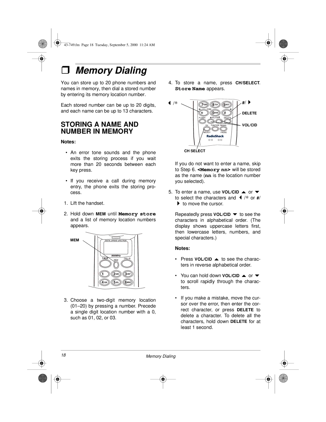 Radio Shack 900 MHz owner manual Memory Dialing, Storing a Name and Number in Memory 