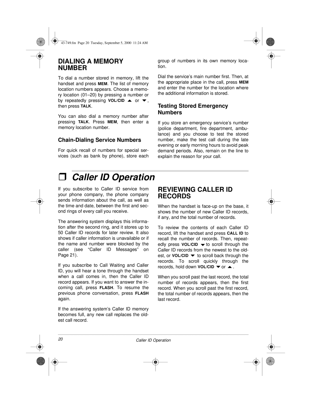 Radio Shack 900 MHz owner manual Caller ID Operation, Dialing a Memory Number, Reviewing Caller ID Records 