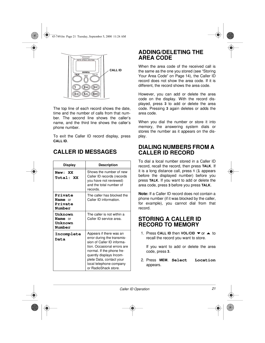 Radio Shack 900 MHz owner manual Caller ID Messages, ADDING/DELETING the Area Code, Dialing Numbers from a Caller ID Record 