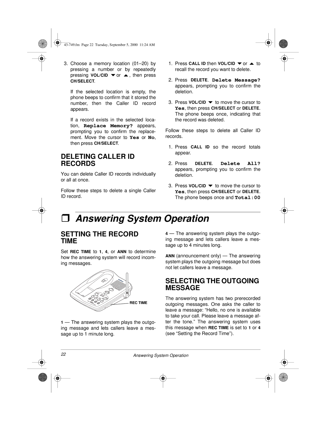 Radio Shack 900 MHz owner manual Answering System Operation, Deleting Caller ID Records, Setting the Record Time 