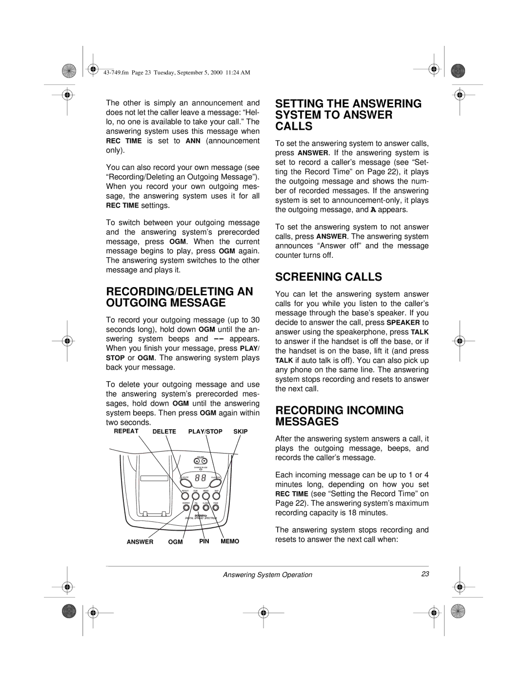 Radio Shack 900 MHz owner manual Setting the Answering System to Answer Calls, Screening Calls, Recording Incoming Messages 