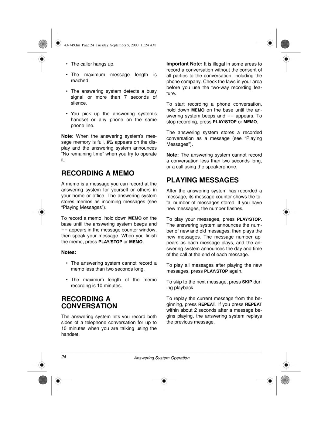 Radio Shack 900 MHz owner manual Recording a Memo, Recording a Conversation, Playing Messages 