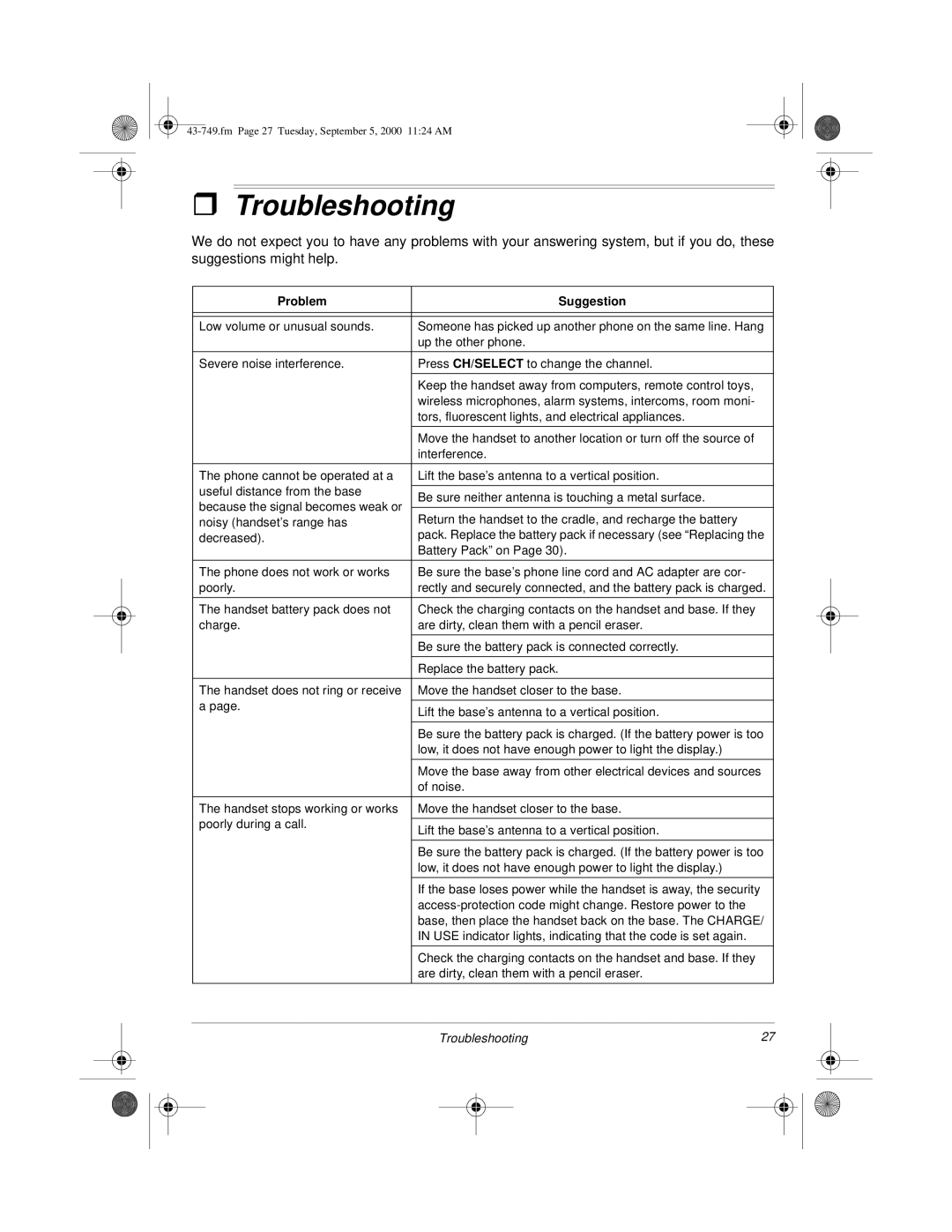 Radio Shack 900 MHz owner manual Troubleshooting, Problem Suggestion 