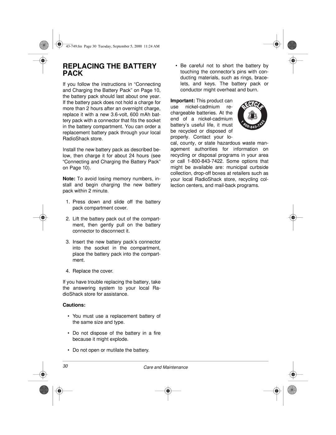 Radio Shack 900 MHz owner manual Replacing the Battery Pack 